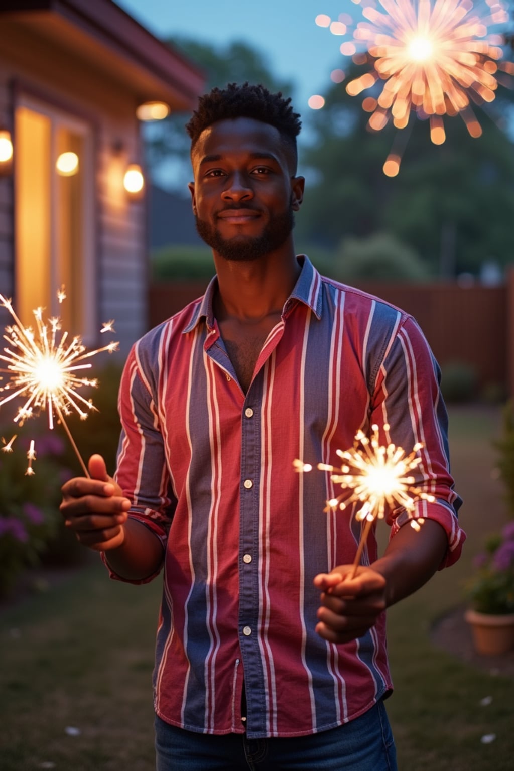 man at a 4th of July backyard barbecue, wearing  a red, white and blue button-up shirt with rolled sleeves and shorts, holding sparklers and a small American flag, surrounded by patriotic decorations, fireworks bursting in the sky