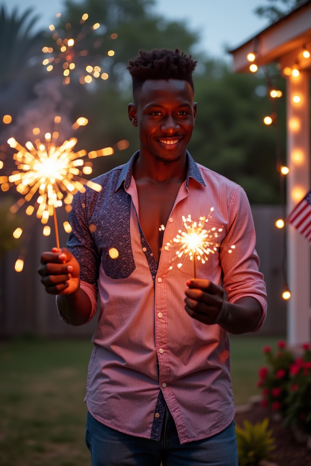 man at a 4th of July backyard barbecue, wearing  a red, white and blue button-up shirt with rolled sleeves and shorts, holding sparklers and a small American flag, surrounded by patriotic decorations, fireworks bursting in the sky