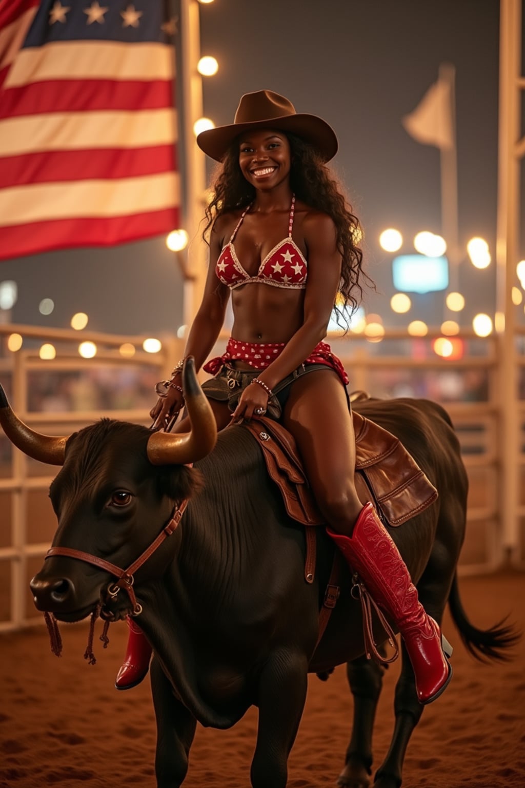man on a mechanical bull wearing a stars and stripes bikini and red cowboy boots. American flags hang proudly in the background as the rodeo lights glow around in a warm, patriotic atmosphere