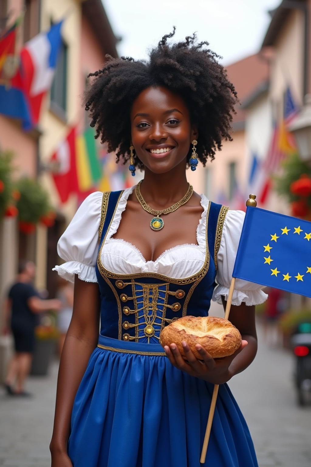 woman in traditional European festival attire, elegant dirndl in blue with gold star embroidery , holding a small European flag and traditional bread, standing proudly in a medieval town square decorated with flags of all European nations.