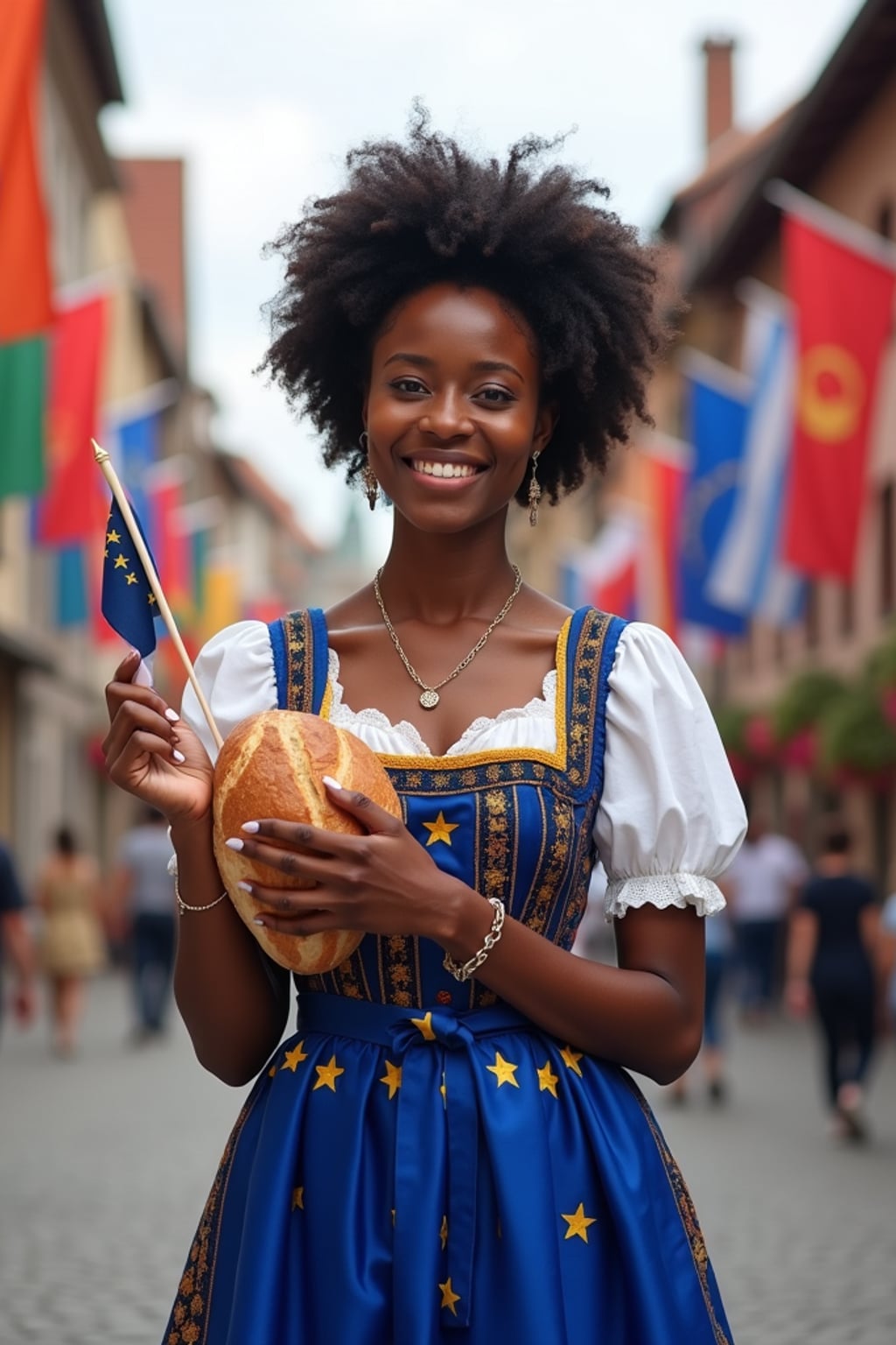woman in traditional European festival attire, elegant dirndl in blue with gold star embroidery , holding a small European flag and traditional bread, standing proudly in a medieval town square decorated with flags of all European nations.