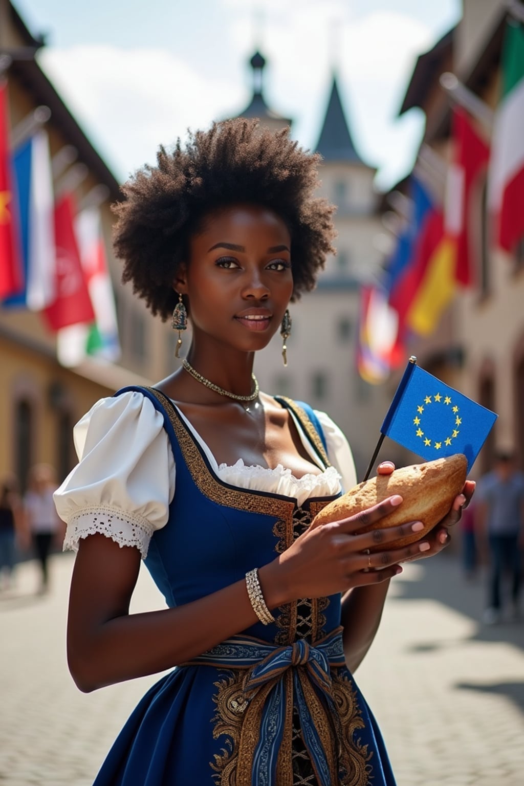 woman in traditional European festival attire, elegant dirndl in blue with gold star embroidery , holding a small European flag and traditional bread, standing proudly in a medieval town square decorated with flags of all European nations.