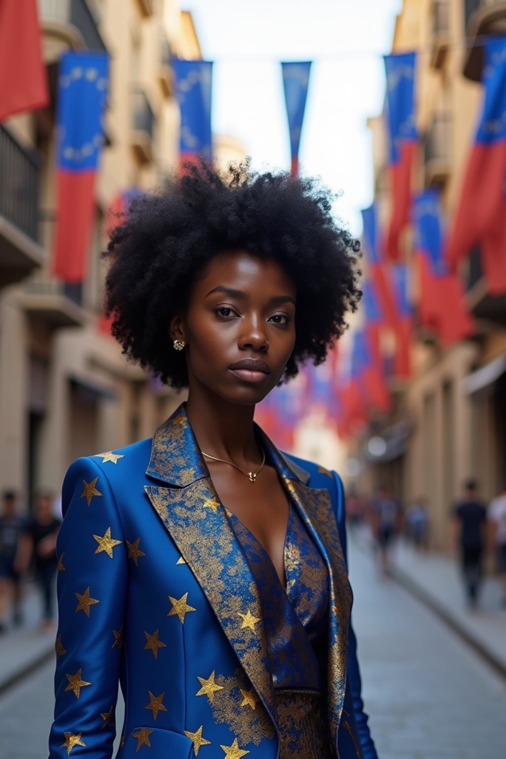 woman on a Barcelona street decorated with European flags, wearing a stylish blue and gold outfit with star patterns , Gaudi's architecture visible in the background, embodying modern European city style
