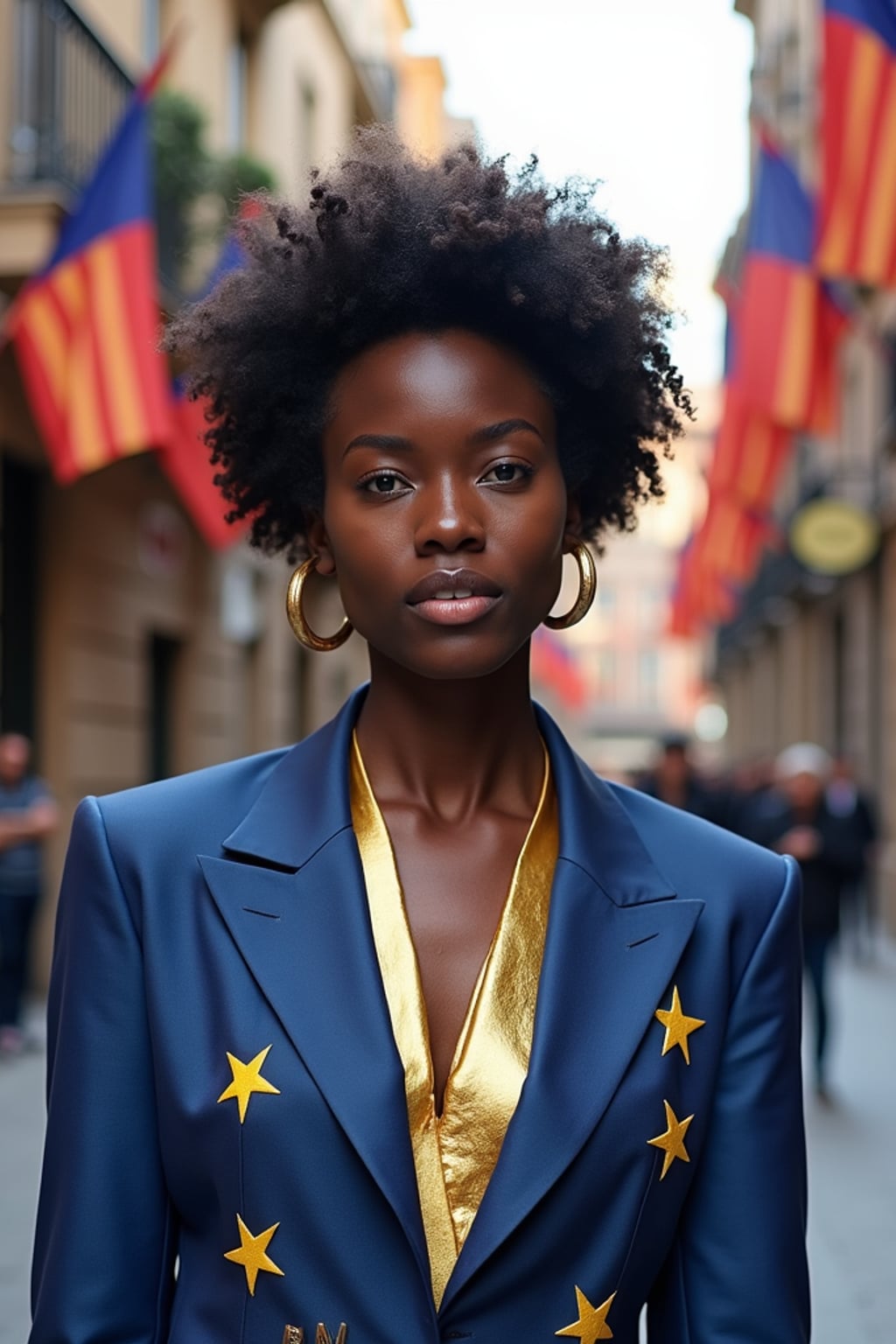 woman on a Barcelona street decorated with European flags, wearing a stylish blue and gold outfit with star patterns , Gaudi's architecture visible in the background, embodying modern European city style