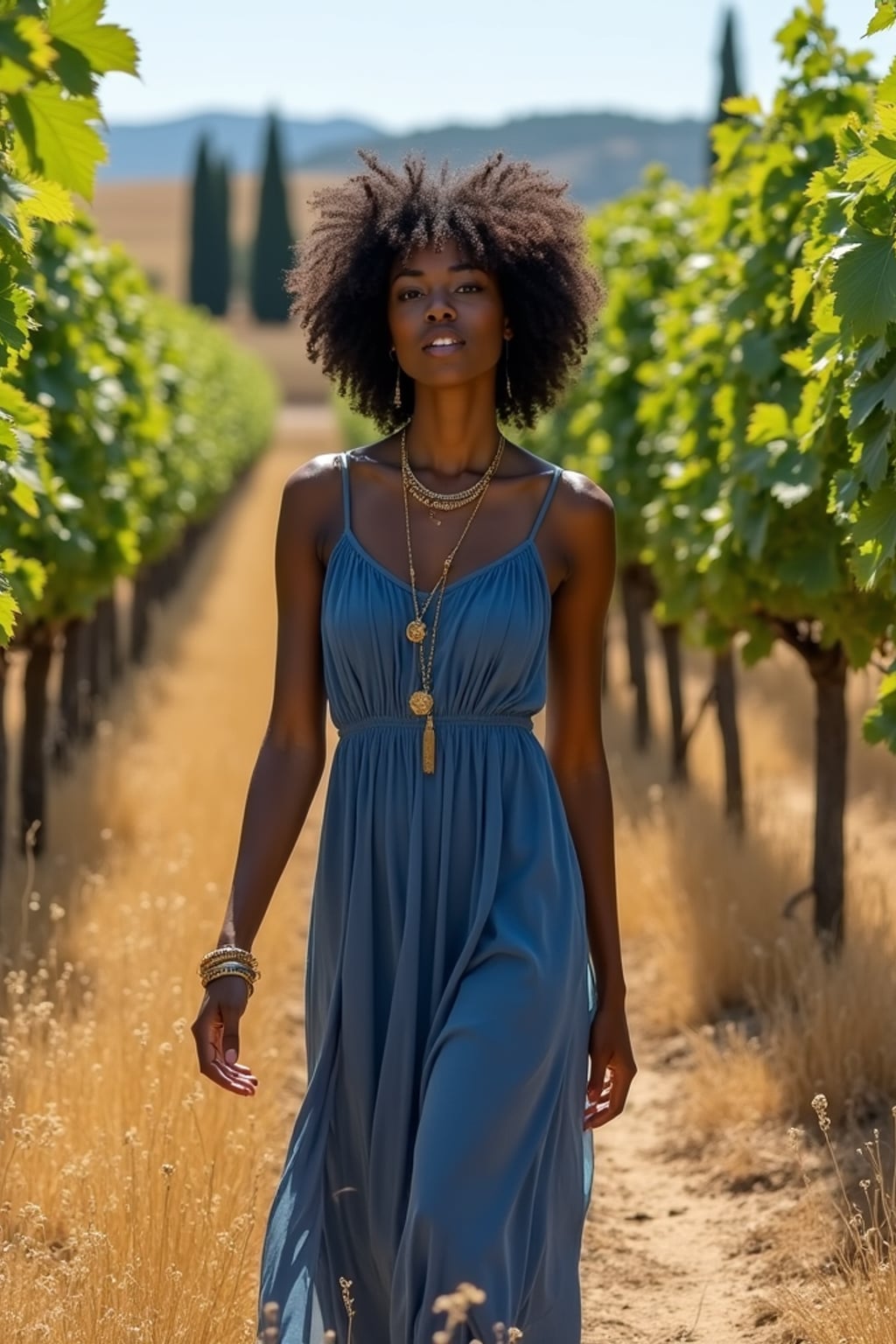 woman in a rustic vineyard in Tuscany, wearing a blue sundress with gold accessories , standing beneath hanging grape vines, golden wheat fields and cypress trees visible in the background, embodying European rural charm