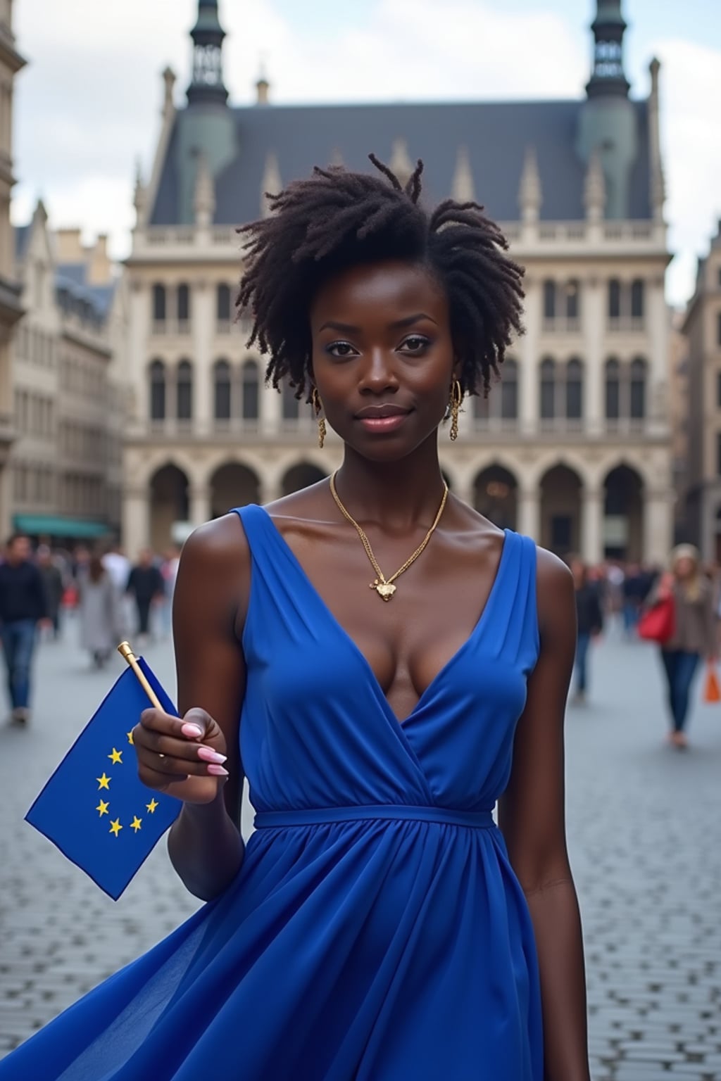 woman in Brussels at the Grand Place, wearing a flowing blue dress with gold star accessories , holding a small European flag, the ornate historic buildings creating a picturesque European backdrop