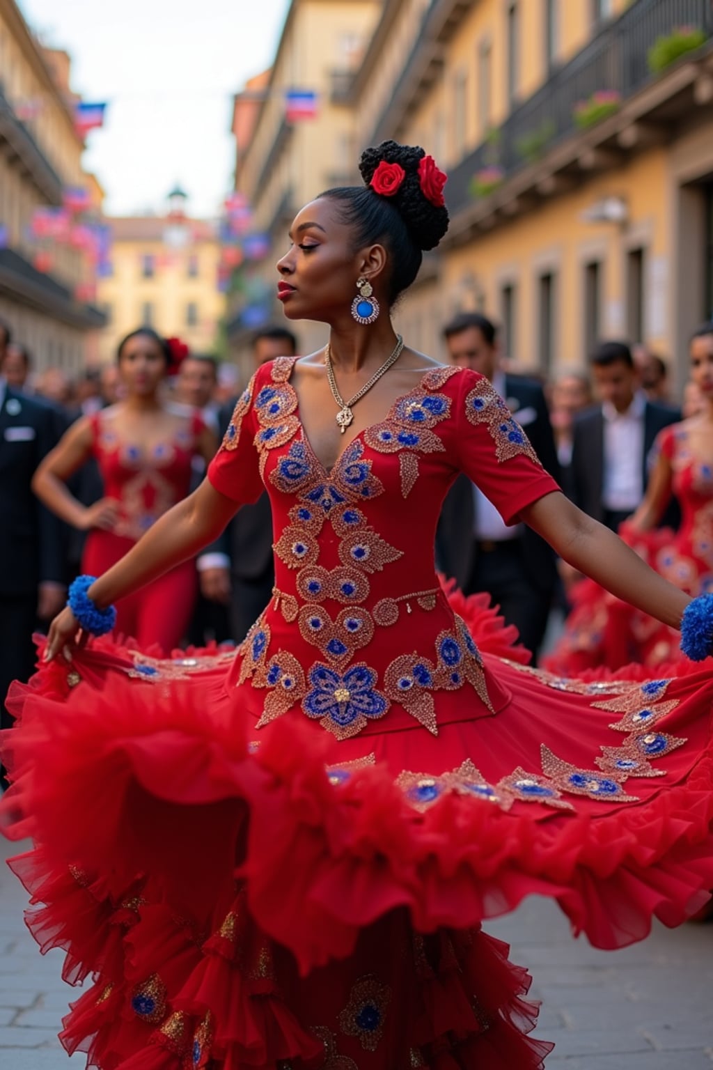 woman at a Spanish flamenco festival, wearing a vibrant red dress with blue and gold accessories , surrounded by dancers and musicians, historic plaza decorated with European flags and flowers