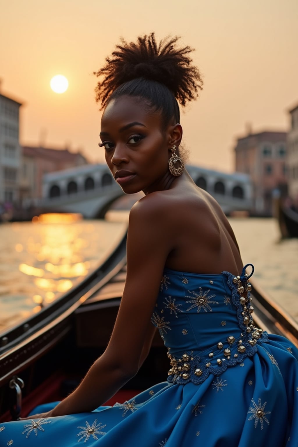 woman on a Venice gondola at sunset, Grand Canal in the background, wearing a glamorous blue evening gown with gold star accessories , the golden light illuminating her  face, historic buildings and bridges creating a timeless European scene