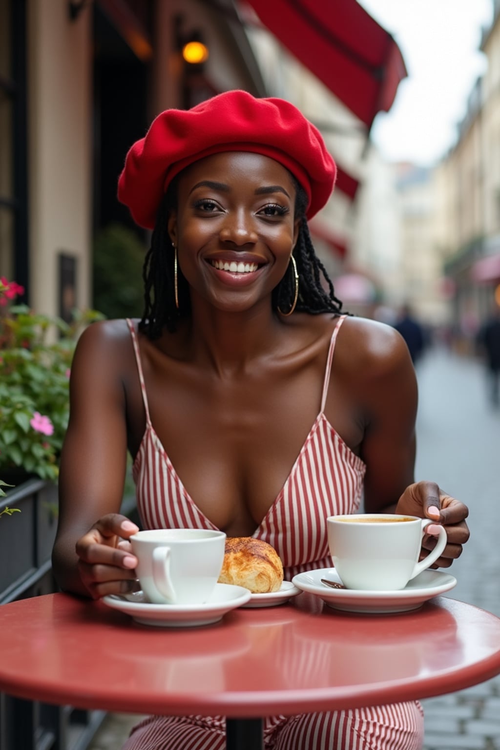 woman at a classic Parisian café, seated at a charming outdoor table, wearing a chic striped dress with red beret , enjoying espresso and croissants, cobblestone streets and flower boxes creating an authentic European ambiance