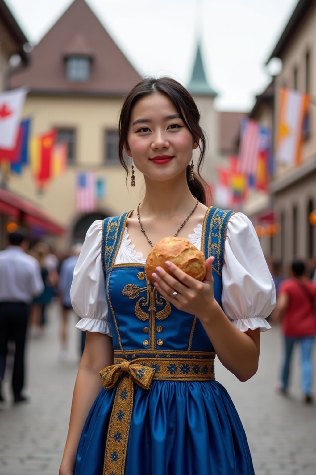 woman in traditional European festival attire, elegant dirndl in blue with gold star embroidery , holding a small European flag and traditional bread, standing proudly in a medieval town square decorated with flags of all European nations.