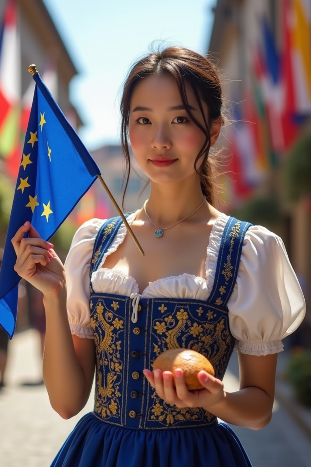 woman in traditional European festival attire, elegant dirndl in blue with gold star embroidery , holding a small European flag and traditional bread, standing proudly in a medieval town square decorated with flags of all European nations.