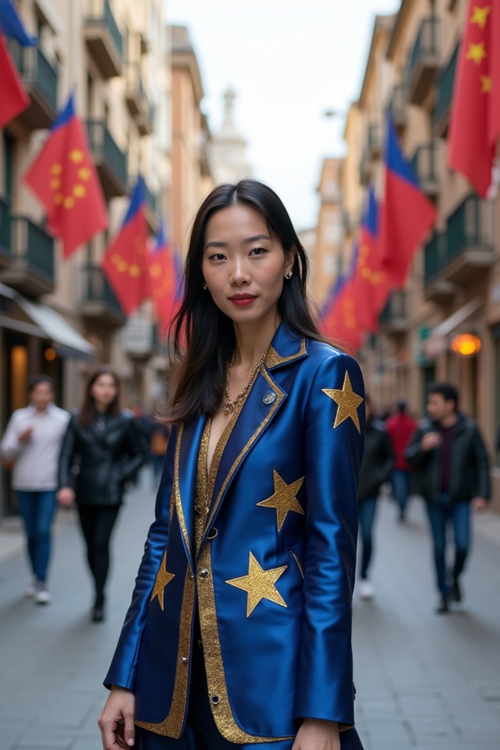 woman on a Barcelona street decorated with European flags, wearing a stylish blue and gold outfit with star patterns , Gaudi's architecture visible in the background, embodying modern European city style