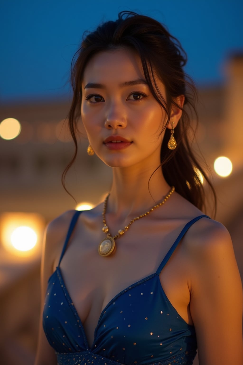 woman at an outdoor opera in Verona's ancient Roman arena, wearing a sophisticated blue evening gown with gold accessories , under a starry Mediterranean night sky, surrounded by historic architecture illuminated by warm lights