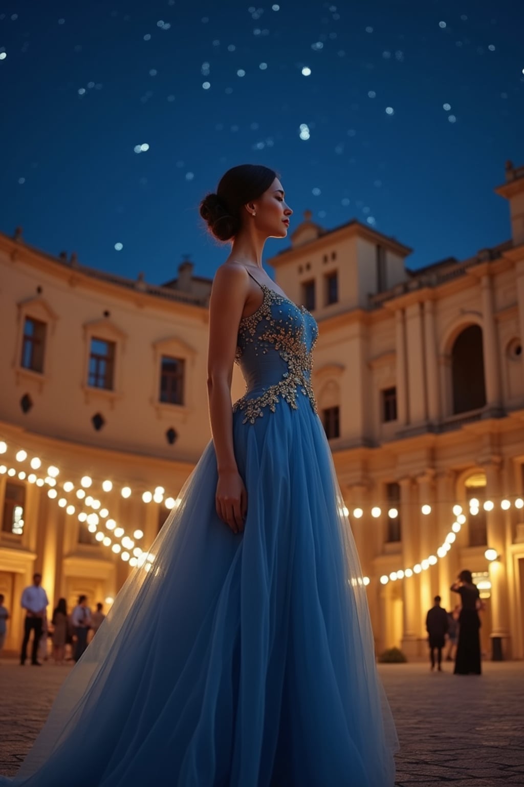 woman at an outdoor opera in Verona's ancient Roman arena, wearing a sophisticated blue evening gown with gold accessories , under a starry Mediterranean night sky, surrounded by historic architecture illuminated by warm lights