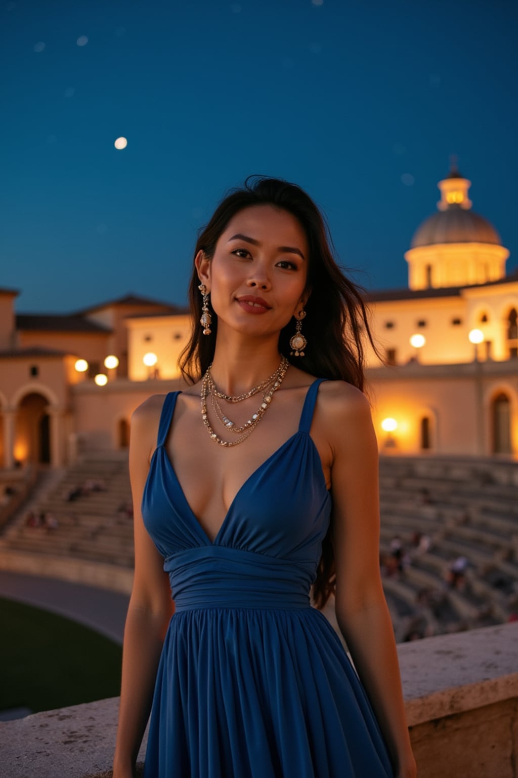 woman at an outdoor opera in Verona's ancient Roman arena, wearing a sophisticated blue evening gown with gold accessories , under a starry Mediterranean night sky, surrounded by historic architecture illuminated by warm lights