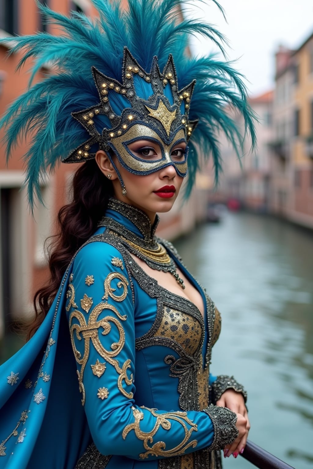 woman at Carnival in Venice, wearing a dazzling blue and gold masquerade outfit with star-spangled feathers , surrounded by historic architecture and canals, embodying European cultural tradition