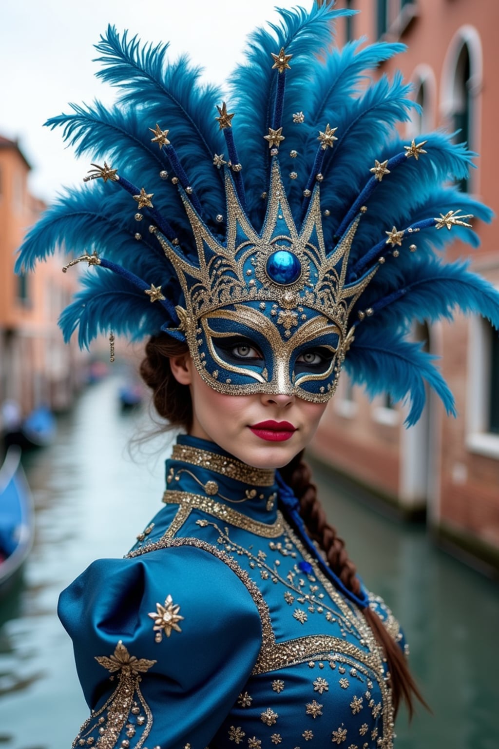 woman at Carnival in Venice, wearing a dazzling blue and gold masquerade outfit with star-spangled feathers , surrounded by historic architecture and canals, embodying European cultural tradition