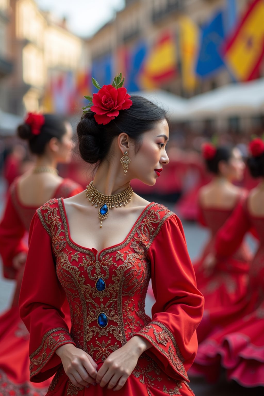 woman at a Spanish flamenco festival, wearing a vibrant red dress with blue and gold accessories , surrounded by dancers and musicians, historic plaza decorated with European flags and flowers