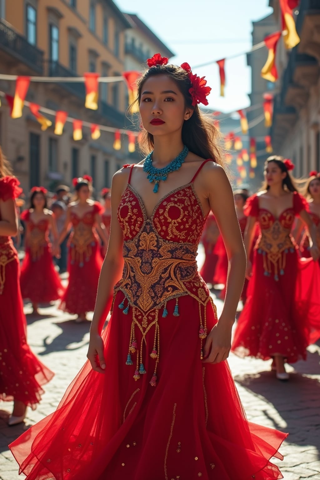 woman at a Spanish flamenco festival, wearing a vibrant red dress with blue and gold accessories , surrounded by dancers and musicians, historic plaza decorated with European flags and flowers