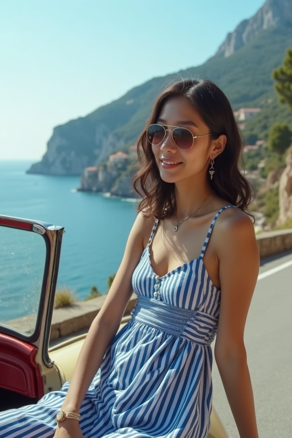 woman on a classic European road trip, leaning against a vintage convertible on a coastal road in Amalfi, wearing a blue and white sundress with star accessories , Mediterranean Sea stretching behind, embodying freedom and European adventure