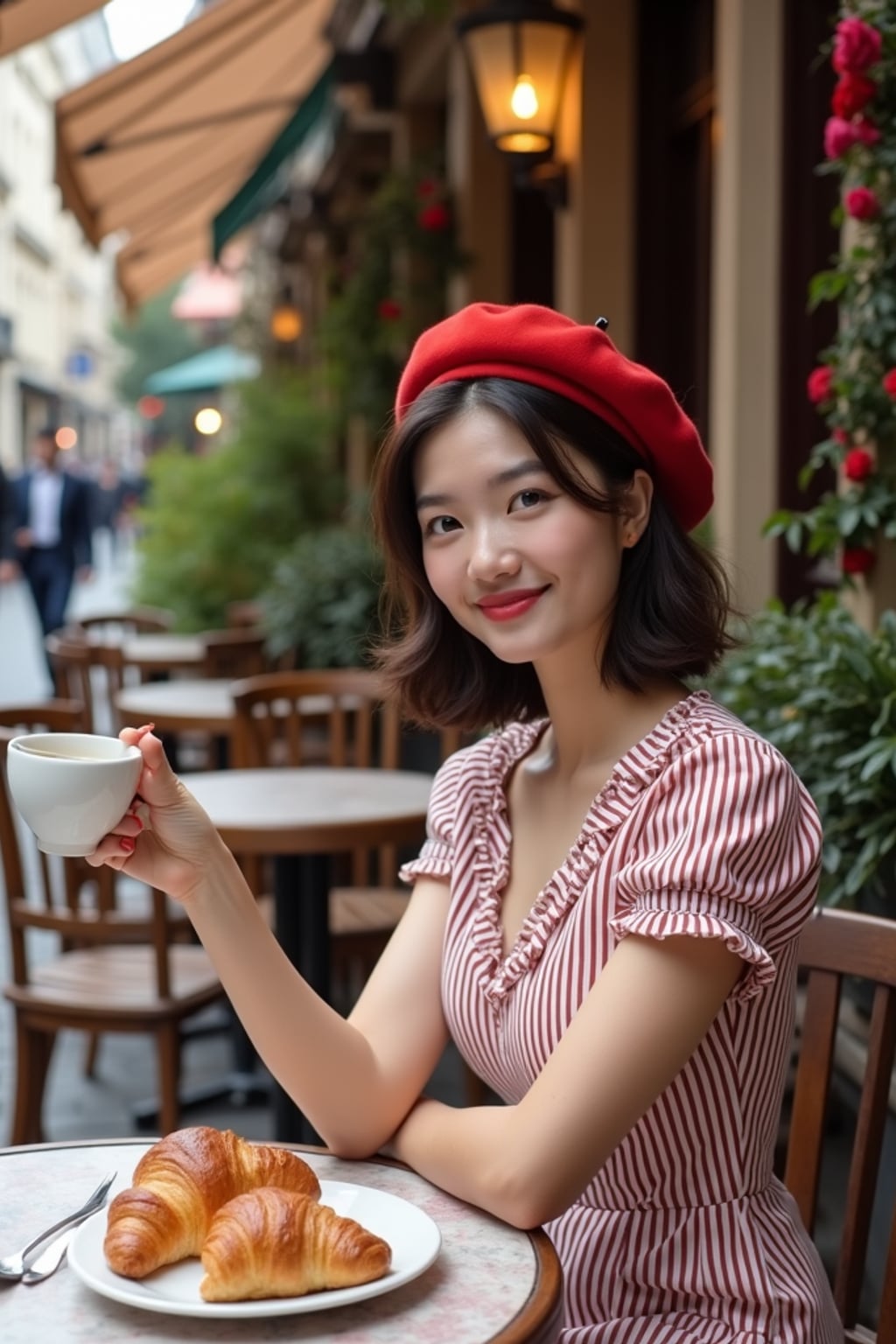 woman at a classic Parisian café, seated at a charming outdoor table, wearing a chic striped dress with red beret , enjoying espresso and croissants, cobblestone streets and flower boxes creating an authentic European ambiance