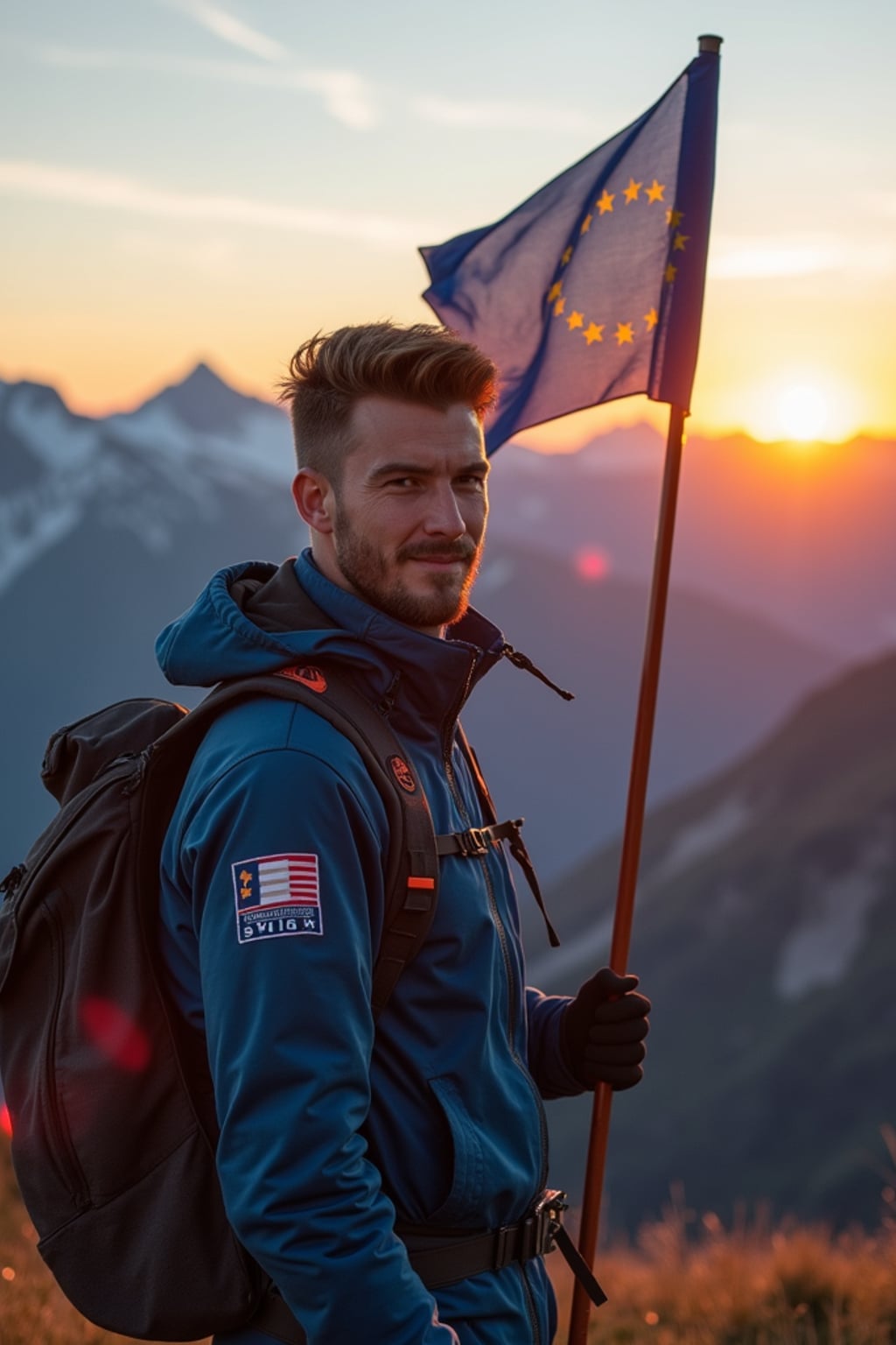 man at the Swiss Alps at sunset, wearing  outdoor gear with European flag patches, proudly holding a European flag high, the majestic mountains stretching behind