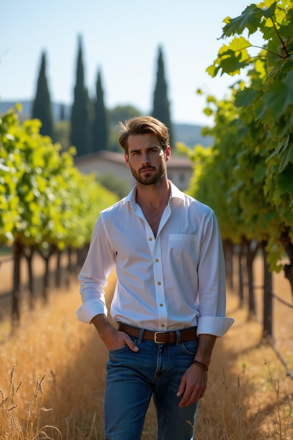 man in a rustic vineyard in Tuscany, wearing  casual elegant attire with European blue details, standing beneath hanging grape vines, golden wheat fields and cypress trees visible in the background, embodying European rural charm