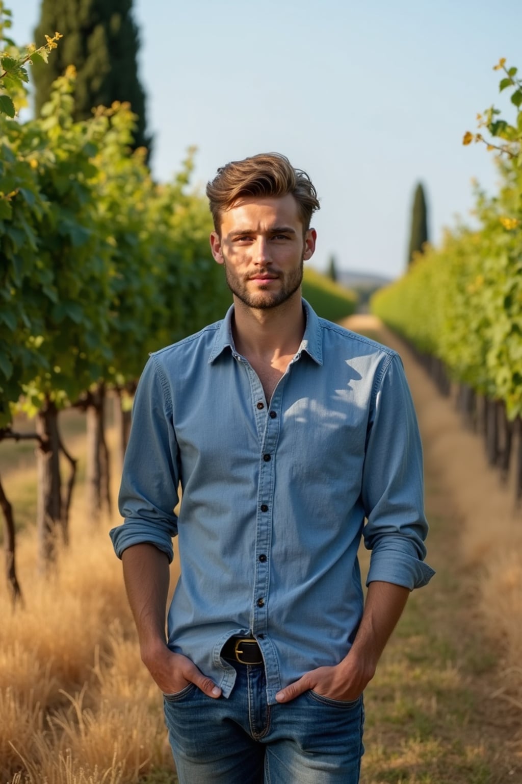 man in a rustic vineyard in Tuscany, wearing  casual elegant attire with European blue details, standing beneath hanging grape vines, golden wheat fields and cypress trees visible in the background, embodying European rural charm