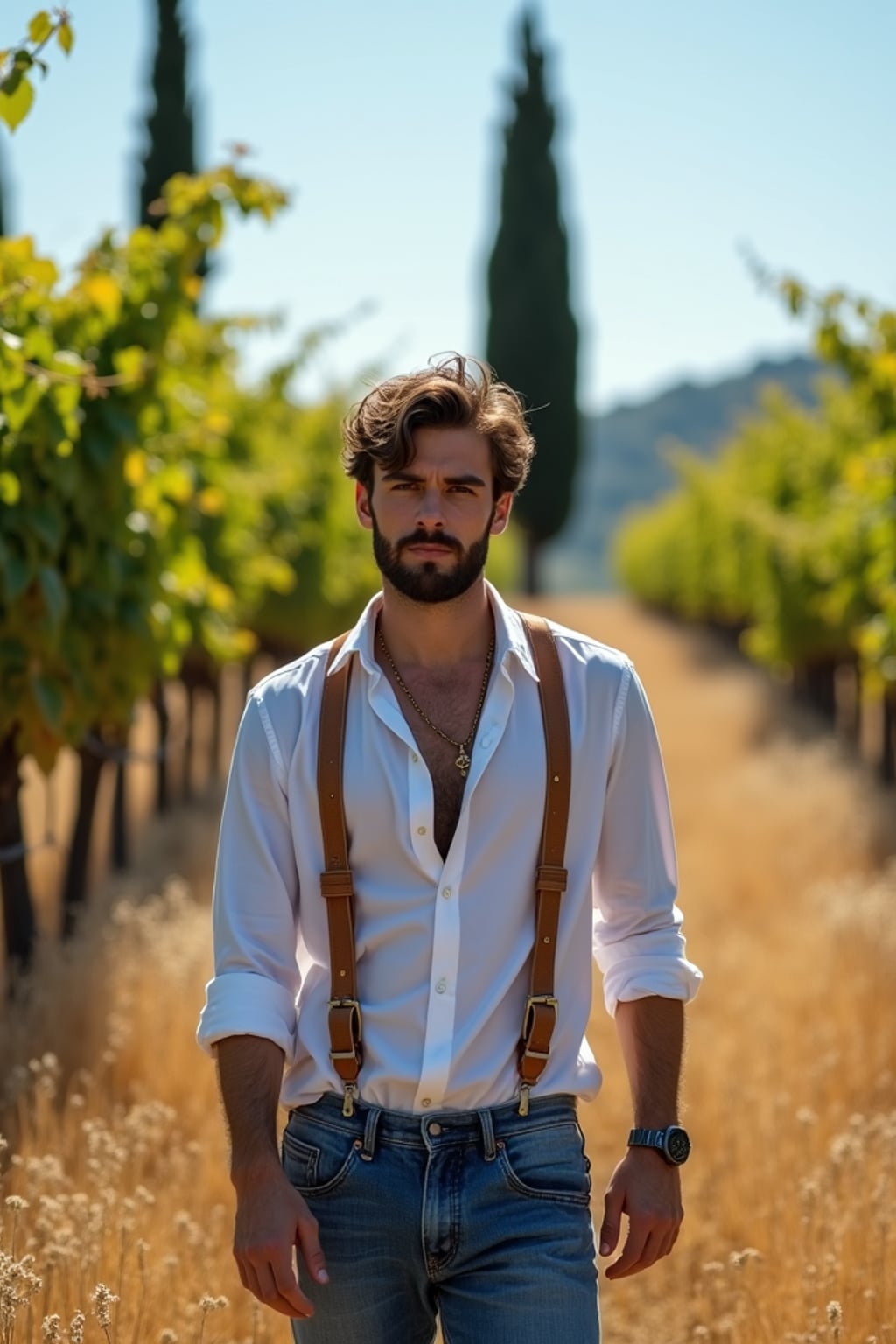 man in a rustic vineyard in Tuscany, wearing  casual elegant attire with European blue details, standing beneath hanging grape vines, golden wheat fields and cypress trees visible in the background, embodying European rural charm