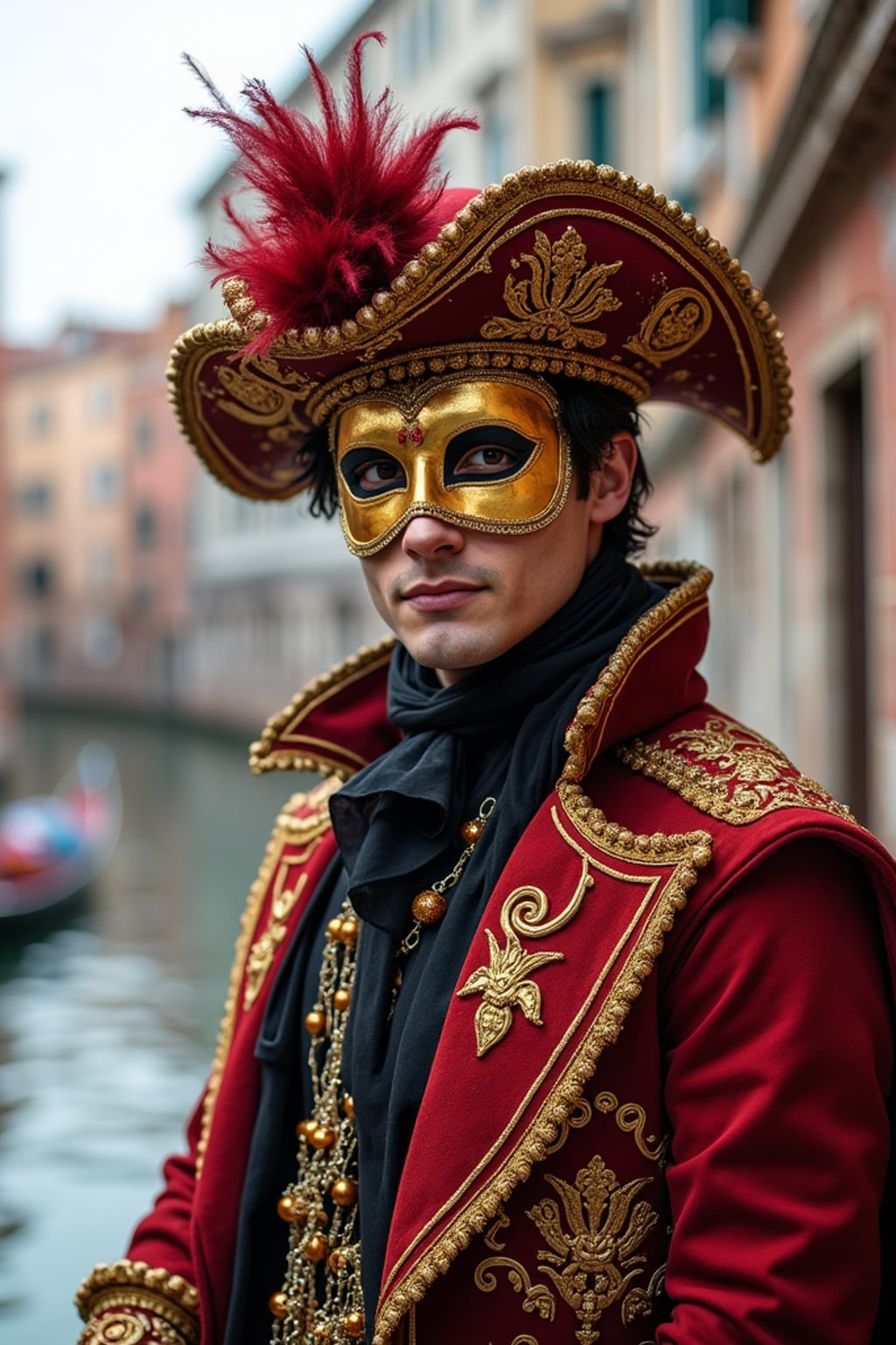 man at Carnival in Venice, wearing  an elegant costume with European colors and gold mask, surrounded by historic architecture and canals, embodying European cultural tradition