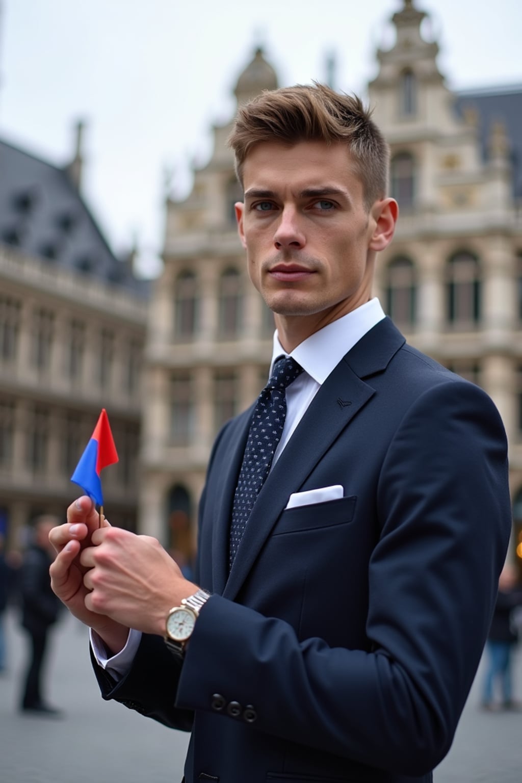 man in Brussels at the Grand Place, wearing  a tailored suit with European flag tie, holding a small European flag, the ornate historic buildings creating a picturesque European backdrop
