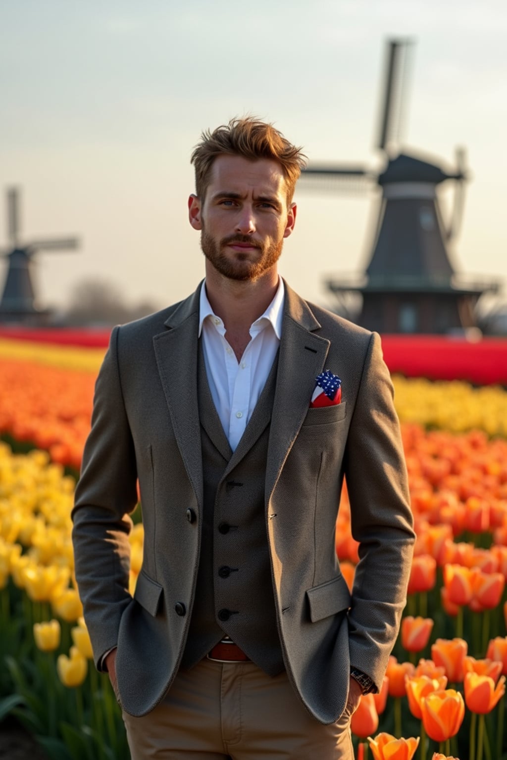 man confidently posed in Amsterdam during tulip season, surrounded by vibrant fields of blue, yellow, and red flowers.  He is dressed in classic Dutch-inspired clothes with European touches, adorned with  a smart casual outfit with European flag pocket square, traditional windmills visible in the background. The scene is enhanced by golden sunlight and a gentle breeze carrying flower petals.