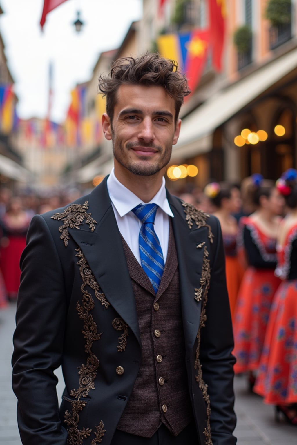 man at a Spanish flamenco festival, wearing  a smart outfit with European blue tie, surrounded by dancers and musicians, historic plaza decorated with European flags and flowers