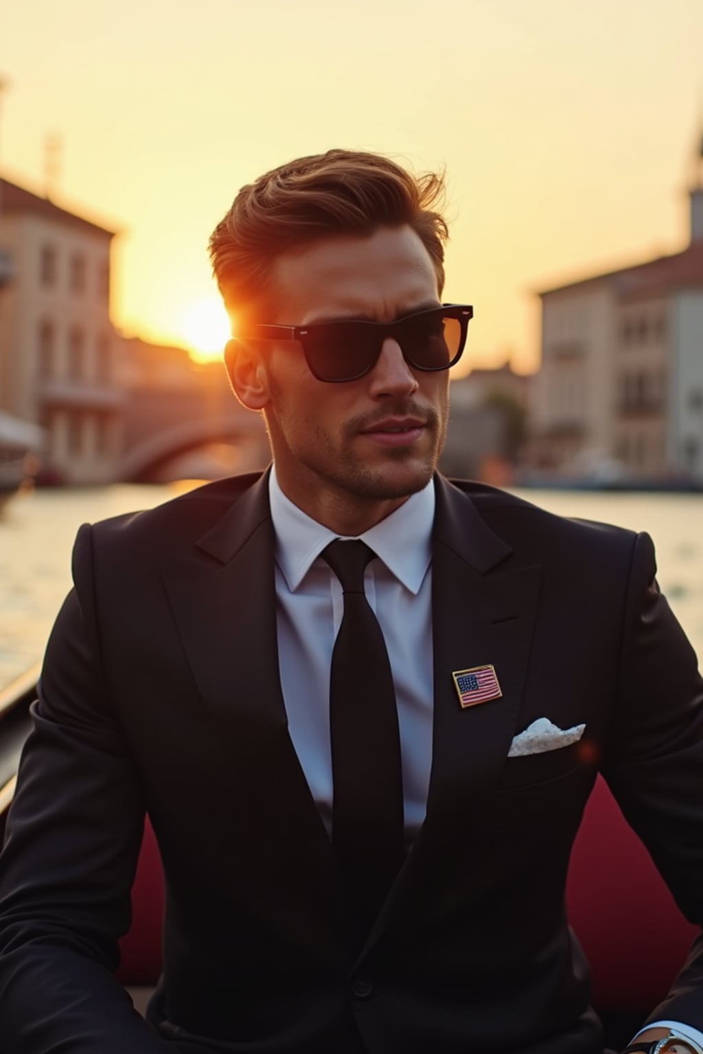 man on a Venice gondola at sunset, Grand Canal in the background, wearing  a sharp Italian suit with European flag pin, the golden light illuminating  his face, historic buildings and bridges creating a timeless European scene