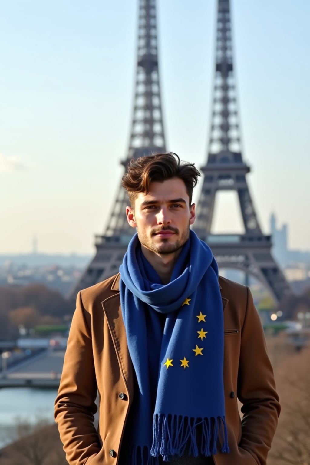 man in front of the iconic Eiffel Tower, wearing  a smart casual outfit with European blue scarf, striking a proud pose with a small European flag, Paris cityscape creating a romantic, inspiring atmosphere