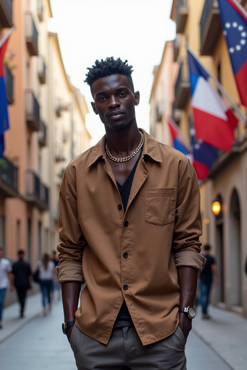 man on a Barcelona street decorated with European flags, wearing  smart casual Mediterranean attire with European design elements, Gaudi's architecture visible in the background, embodying modern European city style