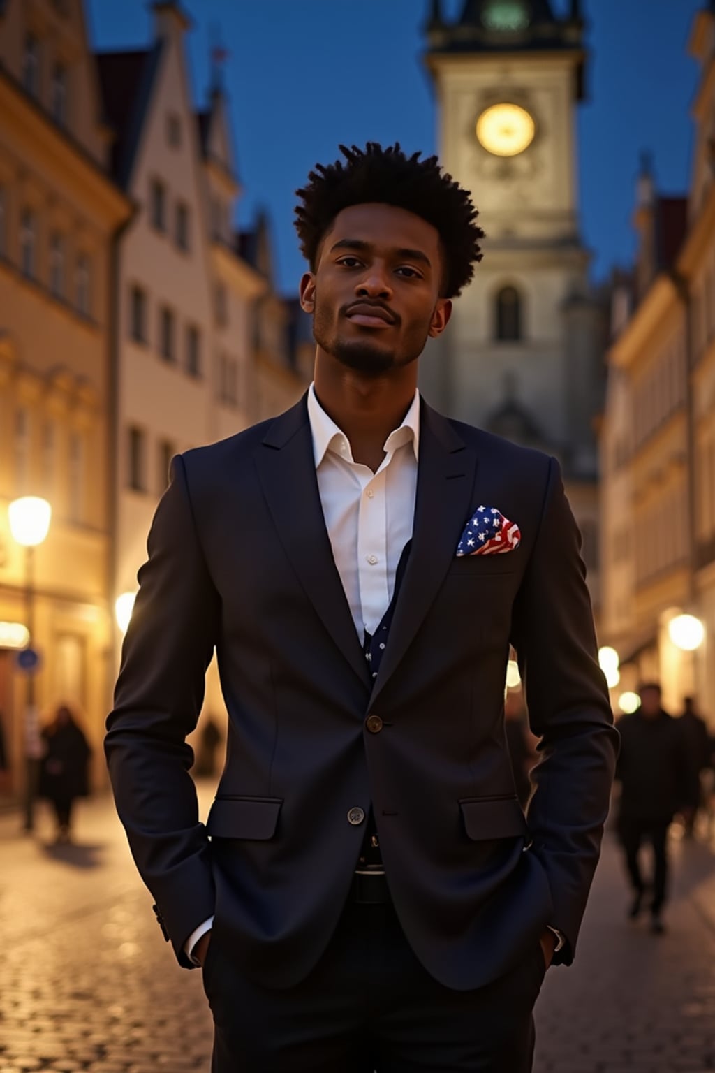 man in Prague's Old Town Square at night, surrounded by the iconic gothic architecture, wearing  a stylish modern suit with European flag pocket square, the historic astronomical clock and cobblestone streets creating a magical European atmosphere
