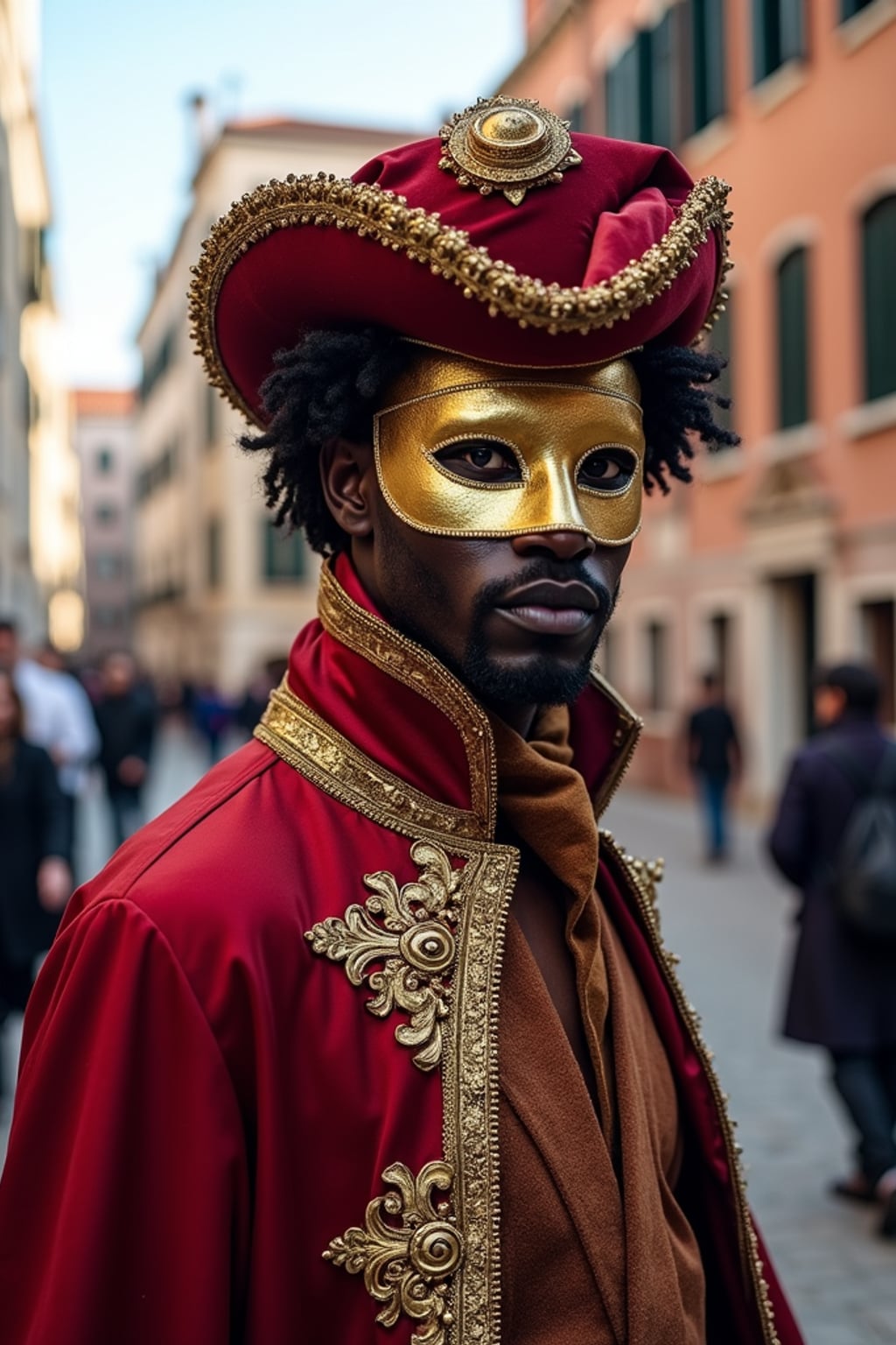 man at Carnival in Venice, wearing  an elegant costume with European colors and gold mask, surrounded by historic architecture and canals, embodying European cultural tradition
