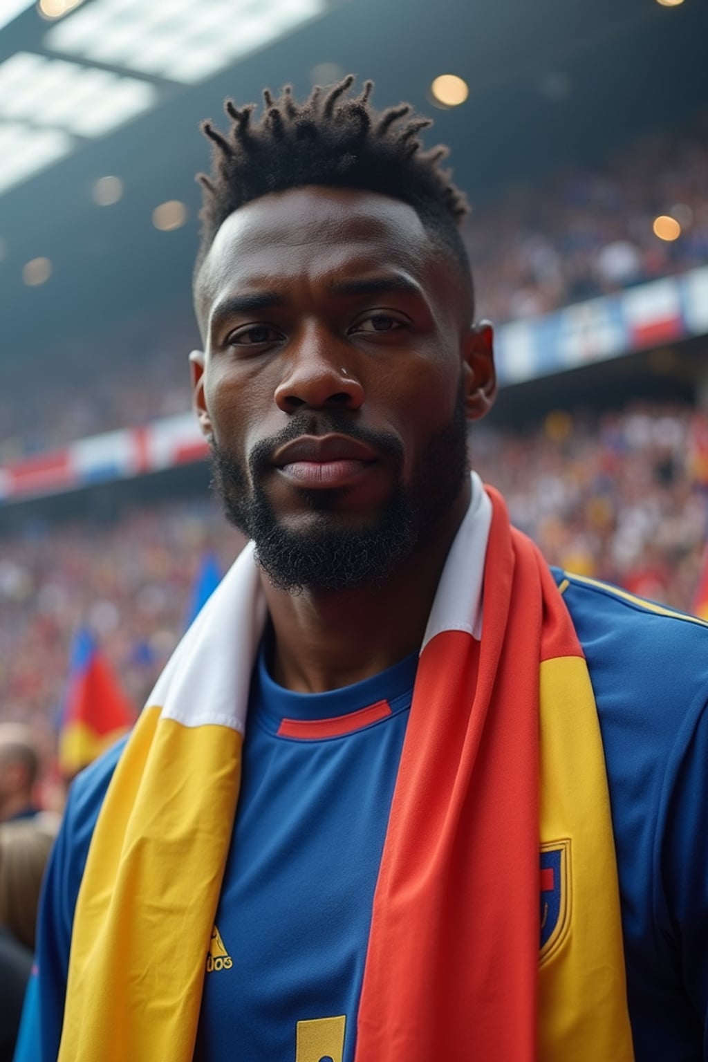 man at a Champions League football match in a historic stadium, wearing  team jersey with European flag scarf, surrounded by excited fans waving flags of different European nations, stadium decorated with European unity banners