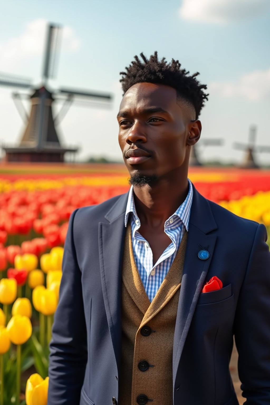 man confidently posed in Amsterdam during tulip season, surrounded by vibrant fields of blue, yellow, and red flowers.  He is dressed in classic Dutch-inspired clothes with European touches, adorned with  a smart casual outfit with European flag pocket square, traditional windmills visible in the background. The scene is enhanced by golden sunlight and a gentle breeze carrying flower petals.