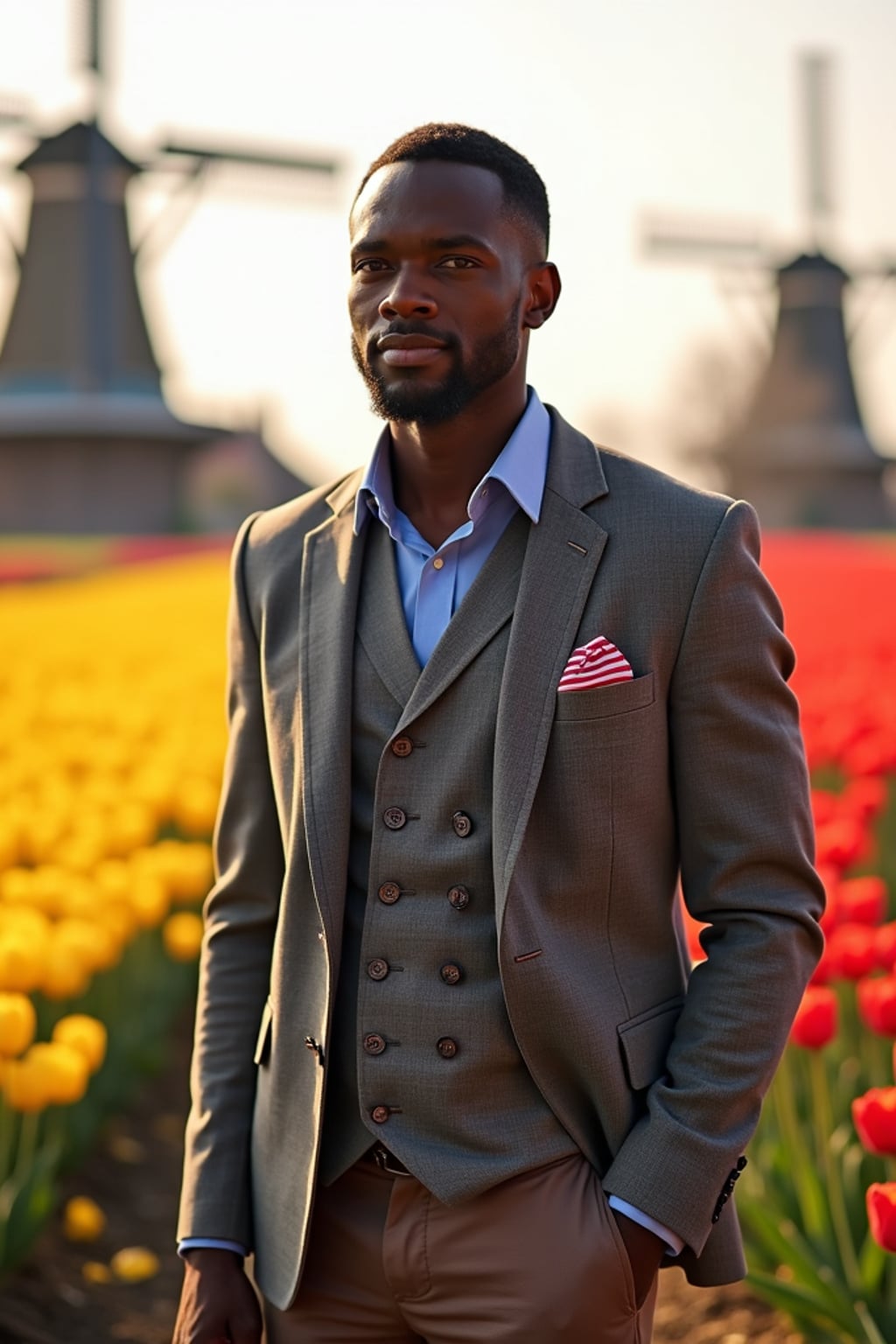 man confidently posed in Amsterdam during tulip season, surrounded by vibrant fields of blue, yellow, and red flowers.  He is dressed in classic Dutch-inspired clothes with European touches, adorned with  a smart casual outfit with European flag pocket square, traditional windmills visible in the background. The scene is enhanced by golden sunlight and a gentle breeze carrying flower petals.