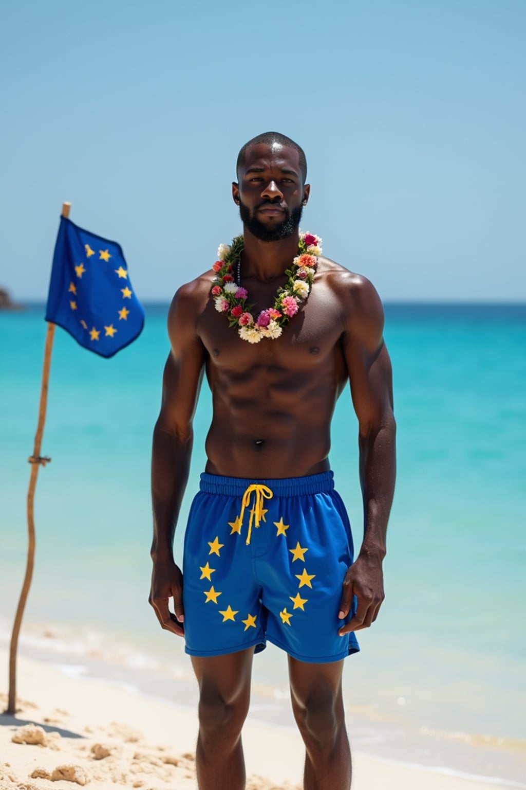 man on a beautiful Greek island beach, wearing  blue swim shorts with European flag design, with a garland of Mediterranean flowers around  his neck, European flag planted proudly in the sand, crystal blue Aegean waters in the background