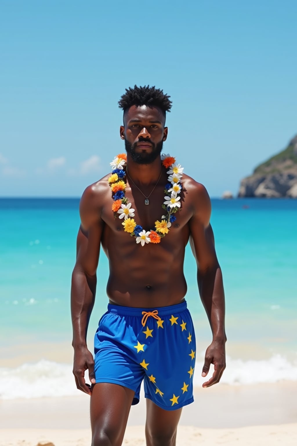 man on a beautiful Greek island beach, wearing  blue swim shorts with European flag design, with a garland of Mediterranean flowers around  his neck, European flag planted proudly in the sand, crystal blue Aegean waters in the background