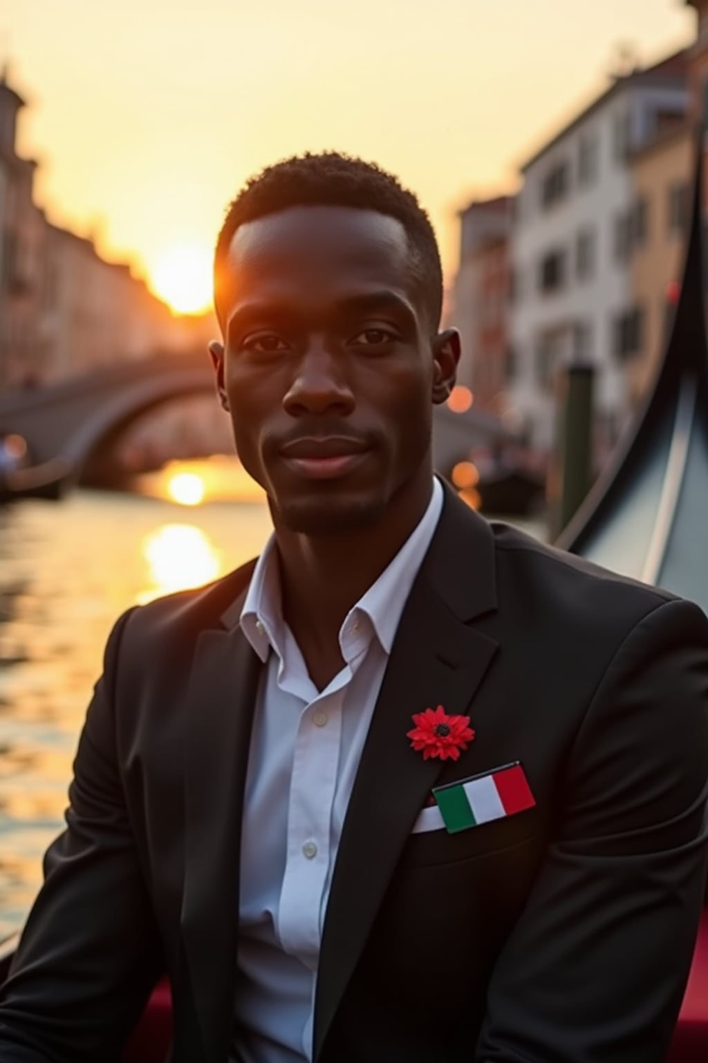 man on a Venice gondola at sunset, Grand Canal in the background, wearing  a sharp Italian suit with European flag pin, the golden light illuminating  his face, historic buildings and bridges creating a timeless European scene