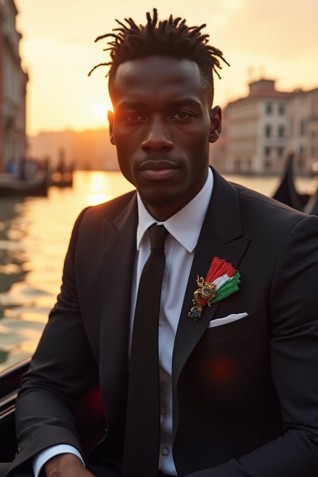 man on a Venice gondola at sunset, Grand Canal in the background, wearing  a sharp Italian suit with European flag pin, the golden light illuminating  his face, historic buildings and bridges creating a timeless European scene