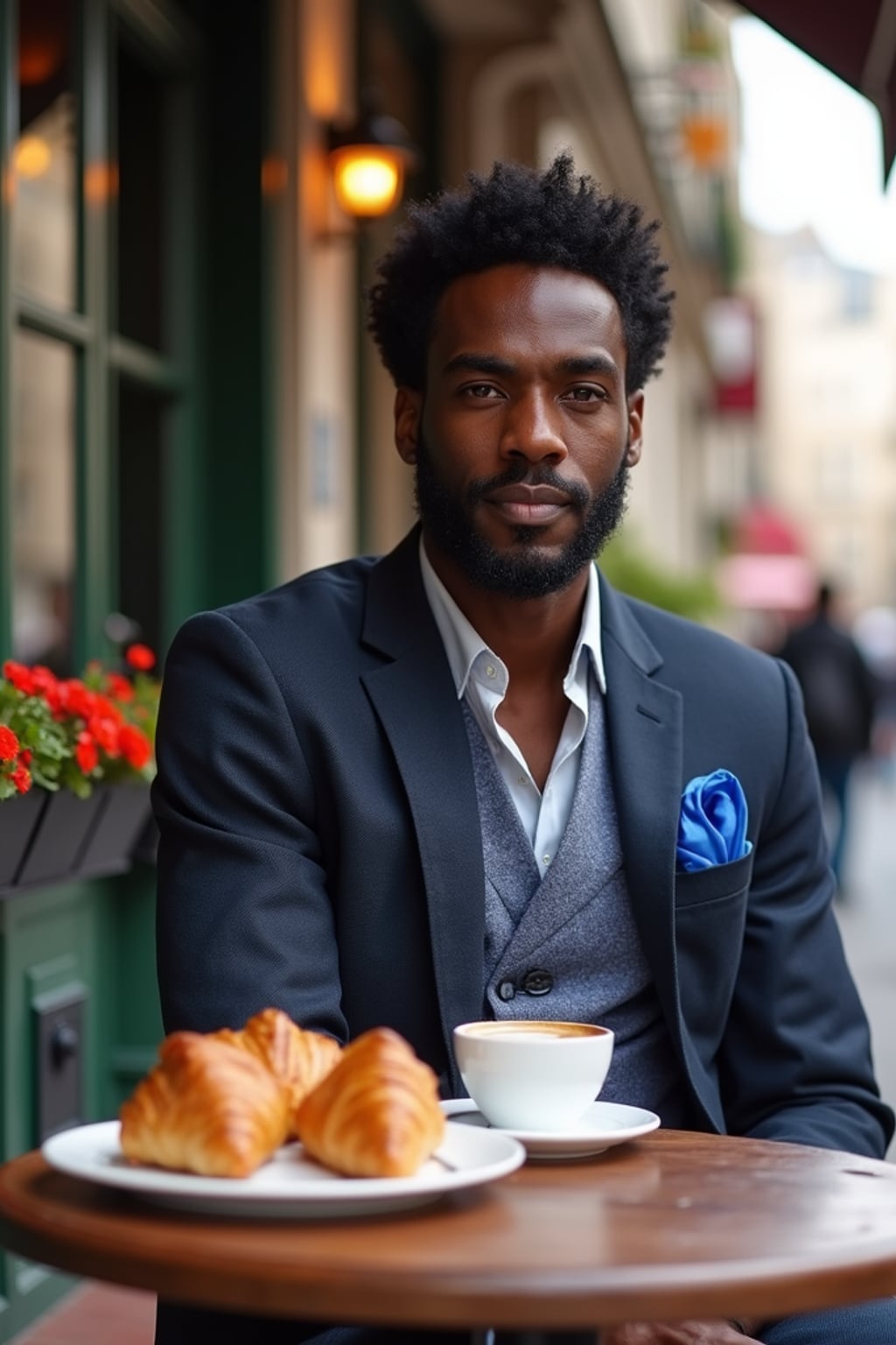 man at a classic Parisian café, seated at a charming outdoor table, wearing  a sophisticated blazer with blue pocket square, enjoying espresso and croissants, cobblestone streets and flower boxes creating an authentic European ambiance