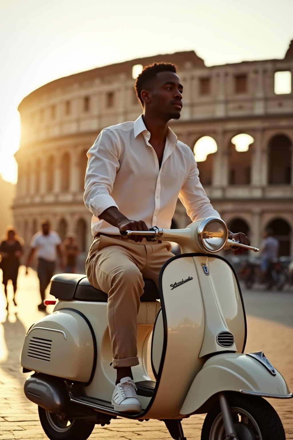 man on a vintage Vespa scooter in Rome, wearing  a stylish linen shirt and tailored pants, the Colosseum visible in the background, golden hour sunlight creating a warm Mediterranean glow