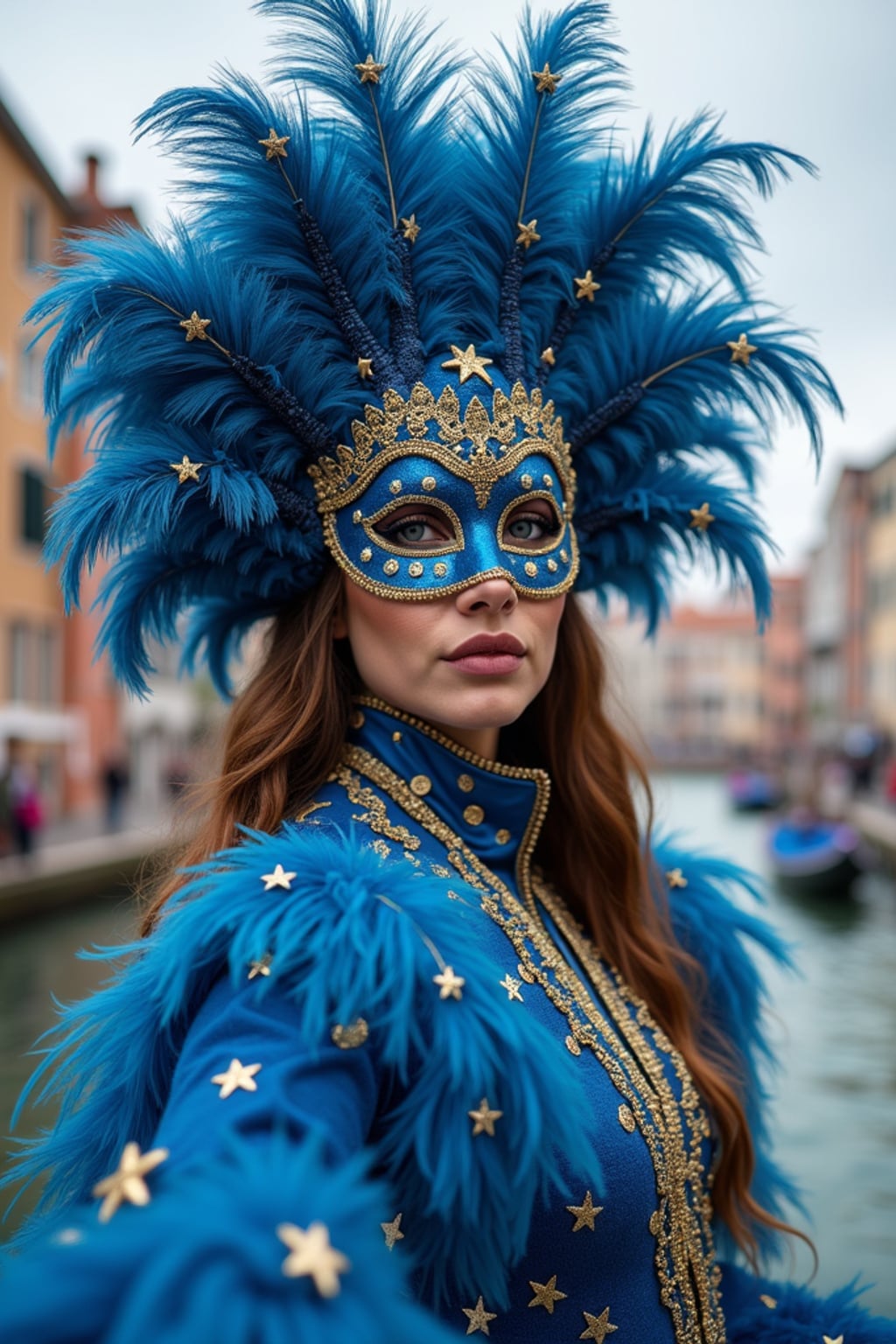 woman at Carnival in Venice, wearing a dazzling blue and gold masquerade outfit with star-spangled feathers , surrounded by historic architecture and canals, embodying European cultural tradition