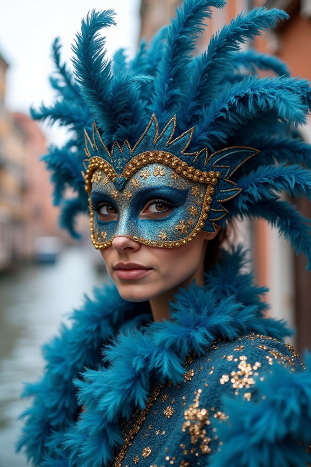 woman at Carnival in Venice, wearing a dazzling blue and gold masquerade outfit with star-spangled feathers , surrounded by historic architecture and canals, embodying European cultural tradition