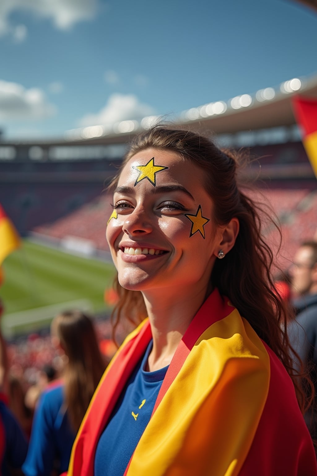 woman at a Champions League football match in a historic stadium, wearing team colors with European star face paint , surrounded by excited fans waving flags of different European nations, stadium decorated with European unity banners